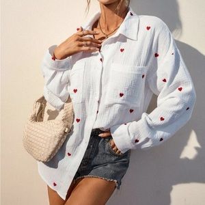 Plus Size Heart Embroidered Button Down Shirt Top Blouse White Red New